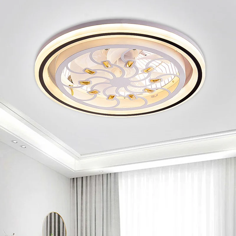 21,5' W LED kristallen blokken hangende ventilatorlamp hedendaagse witte ronde eetkamer semi-inbouwlicht met 7 bladen Clea...