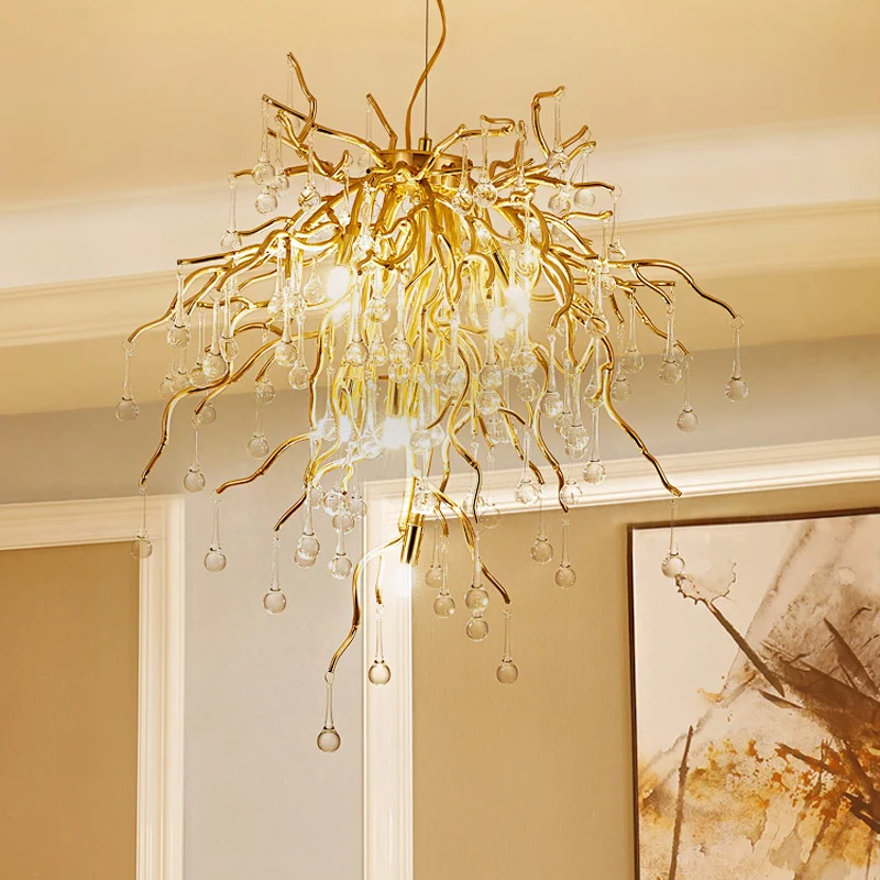 23.5 "/31.5" W Clear Crystal Raindrop Hangende Kroonluchter Rustieke 8/10 Lichten Gouden Plafondlamp voor Woonkamer Clearhalo