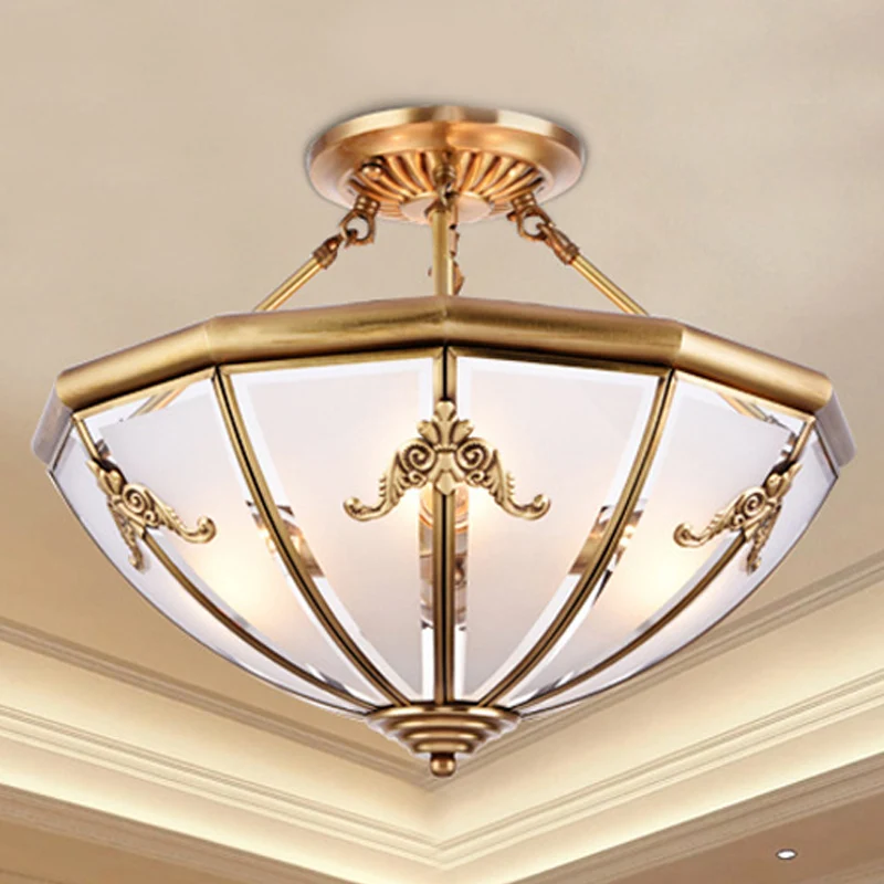 18 "/23,5" brede koepel semi-inbouw traditioneel wit glas messing 4/6 lampen plafondmontage kroonluchter Clearhalo
