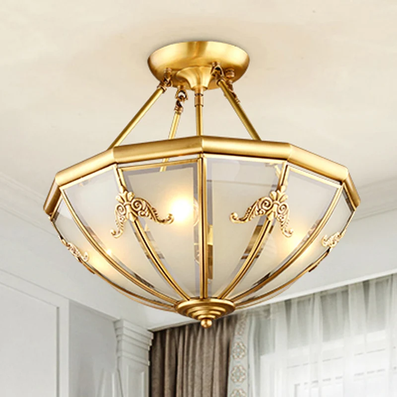 18 "/23,5" brede koepel semi-inbouw traditioneel wit glas messing 4/6 lampen plafondmontage kroonluchter Clearhalo