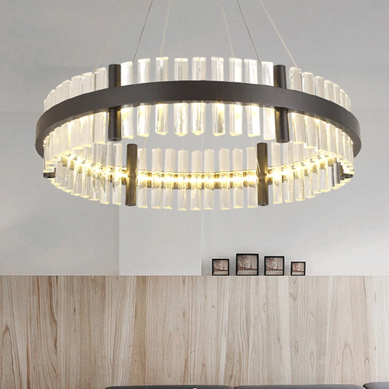 16 "/23,5" brede ronde hangende kroonluchter moderne kristallen zwarte LED-hanglamp warm licht voor woonkamer Clearhalo