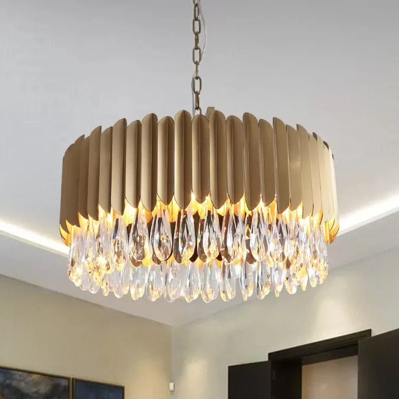 23,5"/31,5" W metalen trommel hanglamp minimalistische woonkamer LED hangende kroonluchter zwart/goud met kristallen drupp...