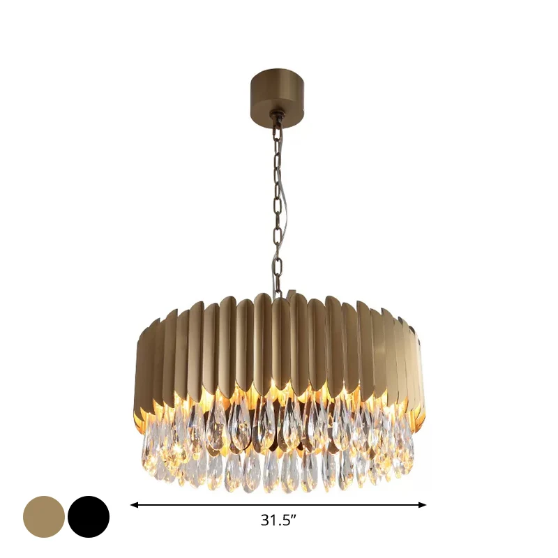 23,5"/31,5" W metalen trommel hanglamp minimalistische woonkamer LED hangende kroonluchter zwart/goud met kristallen drupp...