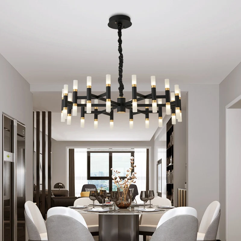 24/36/60 LED-slaapkamerkroonluchter met buisvormige ijzeren kap Moderne zwart/witte plafondhanger Clearhalo