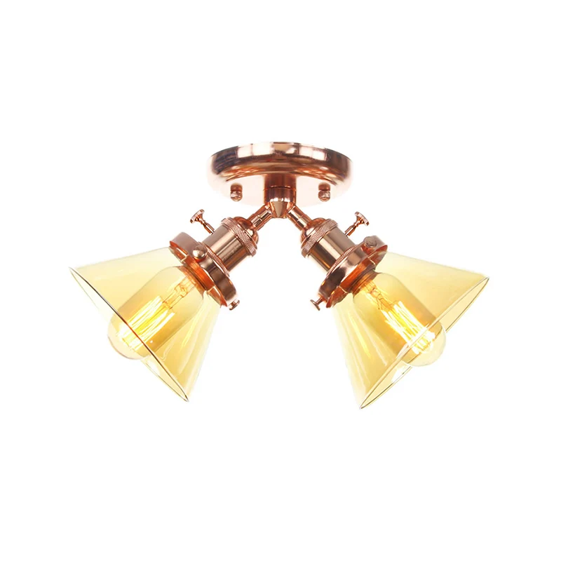 2-hoofds restaurant plafondlamp vintage stijl zwart/brons semi-inbouwlamp met conische amber/helder glazen kap Clearhalo