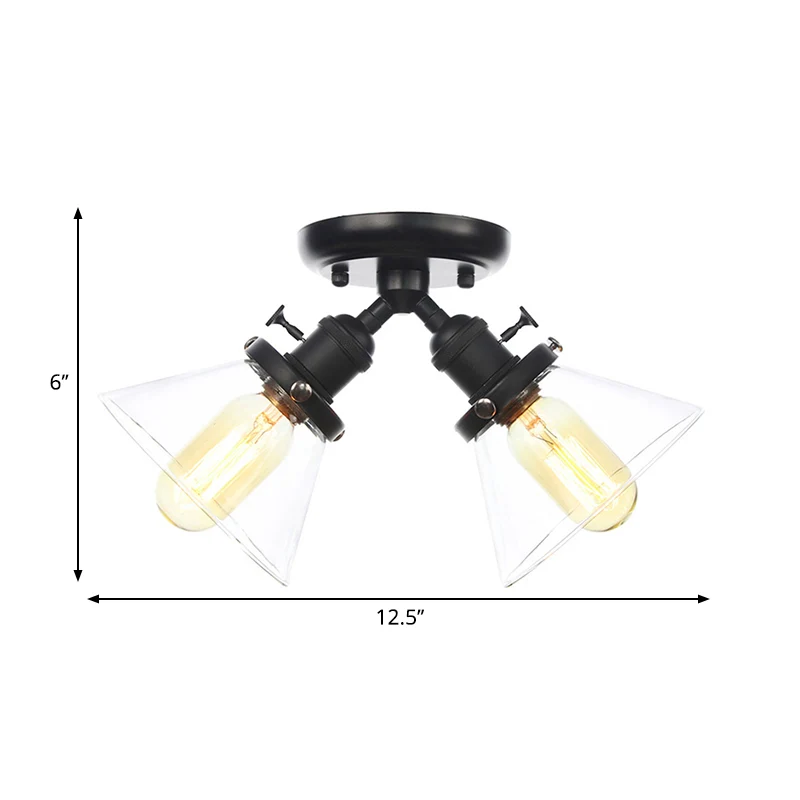 2-hoofds restaurant plafondlamp vintage stijl zwart/brons semi-inbouwlamp met conische amber/helder glazen kap Clearhalo