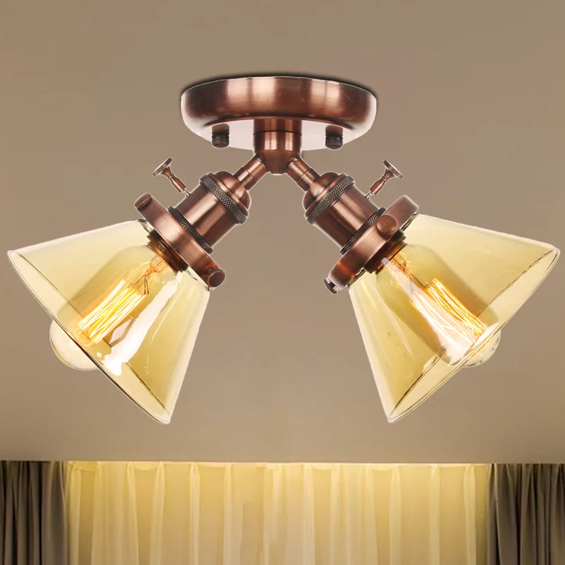 2-hoofds restaurant plafondlamp vintage stijl zwart/brons semi-inbouwlamp met conische amber/helder glazen kap Clearhalo