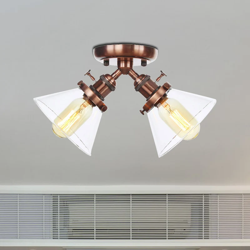 2-hoofds restaurant plafondlamp vintage stijl zwart/brons semi-inbouwlamp met conische amber/helder glazen kap Clearhalo