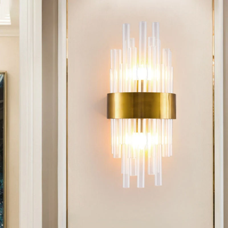 2-hoofds slaapkamer wandmontage licht postmodern goud schanslicht met cilindergecanneleerde kristallen kap Clearhalo