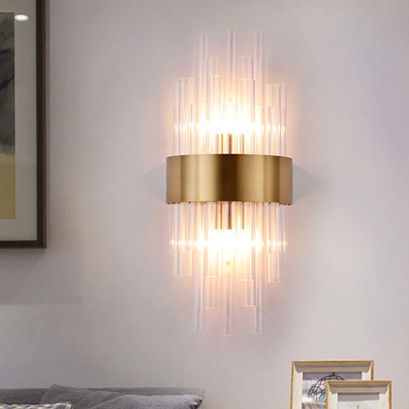 2-hoofds slaapkamer wandmontage licht postmodern goud schanslicht met cilindergecanneleerde kristallen kap Clearhalo
