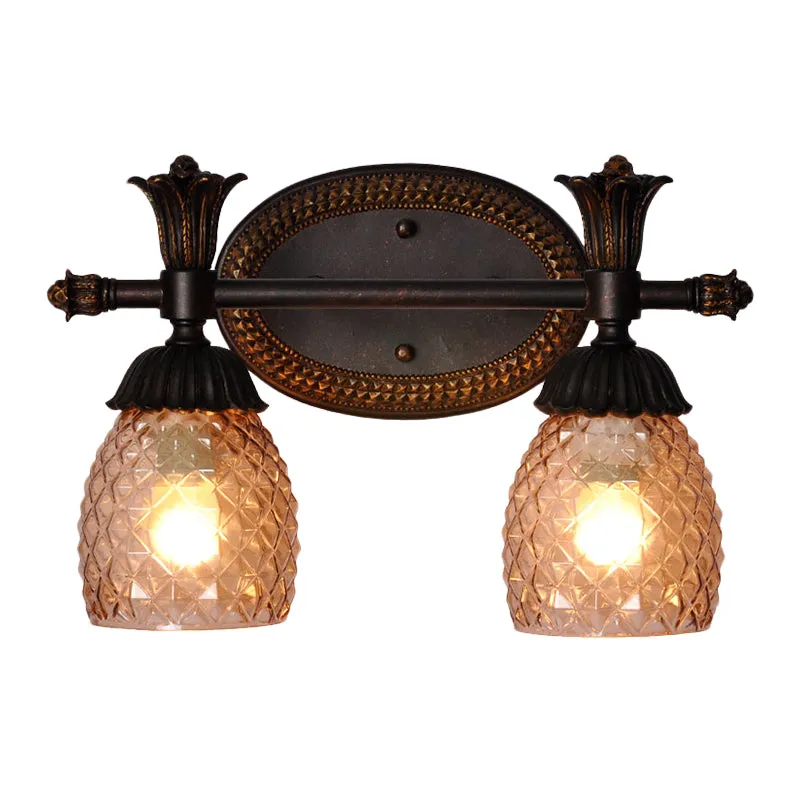 2-koppige ananas-achtige wandlamp Traditioneel roestprismatisch glas make-upspiegellicht voor badkamer Clearhalo