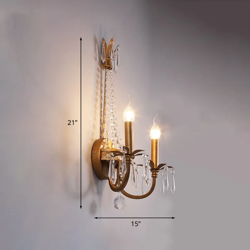2-koppige kandelaar wandlamp Rustiek antiek goud ijzer Wandmontage Verlichting met kristallen accent Clearhalo