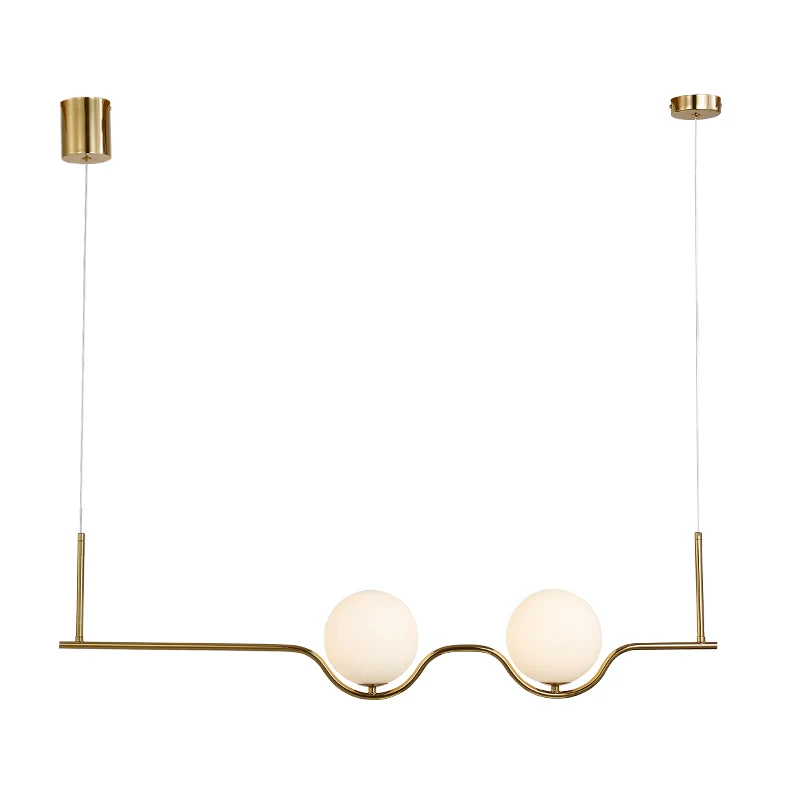 2-koppige woonkamer-eilandhanger met bol, witte glazen kap, moderne messing hangende plafondlamp met verstelbaar snoer Cle...