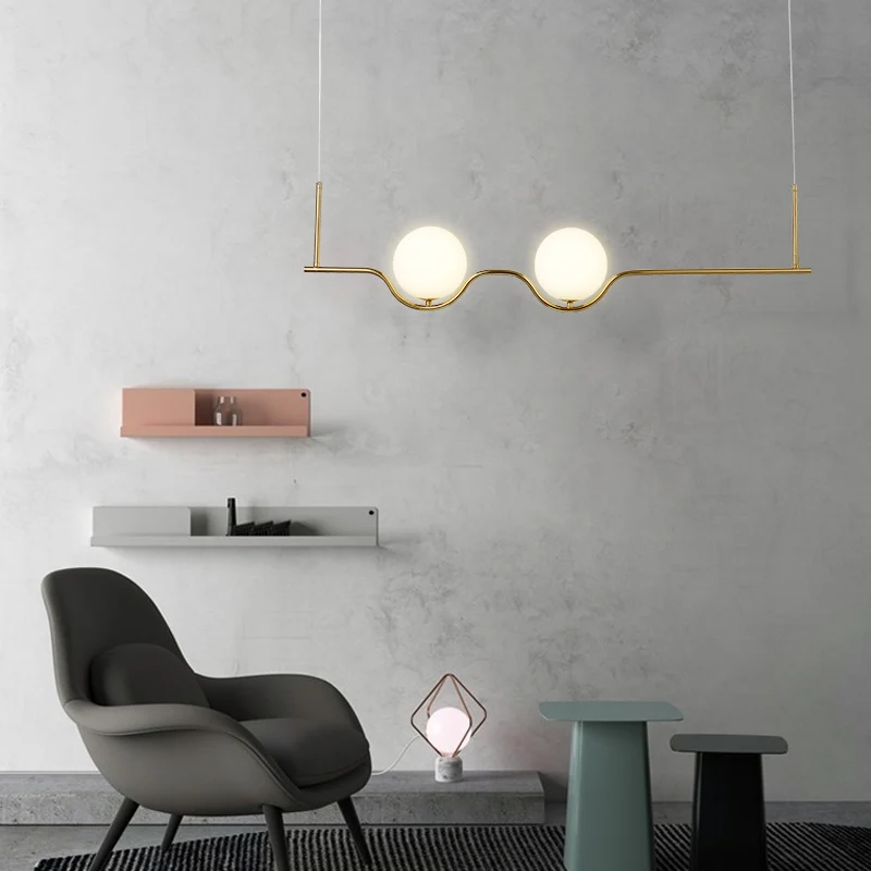 2-koppige woonkamer-eilandhanger met bol, witte glazen kap, moderne messing hangende plafondlamp met verstelbaar snoer Cle...