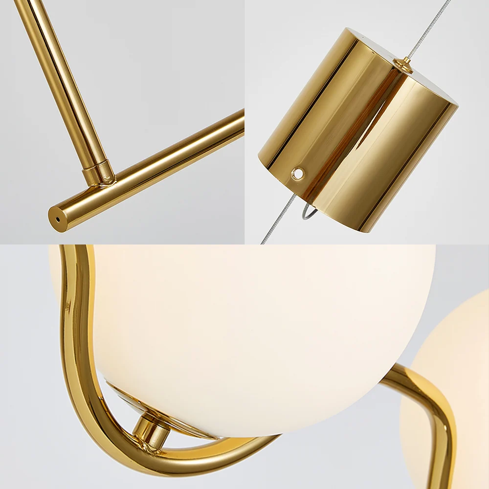 2-koppige woonkamer-eilandhanger met bol, witte glazen kap, moderne messing hangende plafondlamp met verstelbaar snoer Cle...