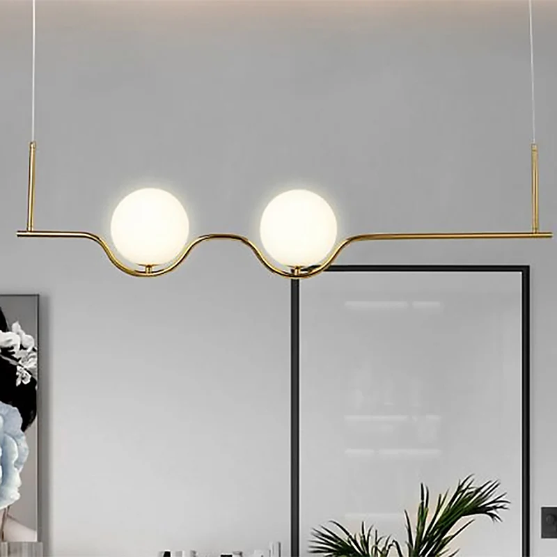 2-koppige woonkamer-eilandhanger met bol, witte glazen kap, moderne messing hangende plafondlamp met verstelbaar snoer Cle...