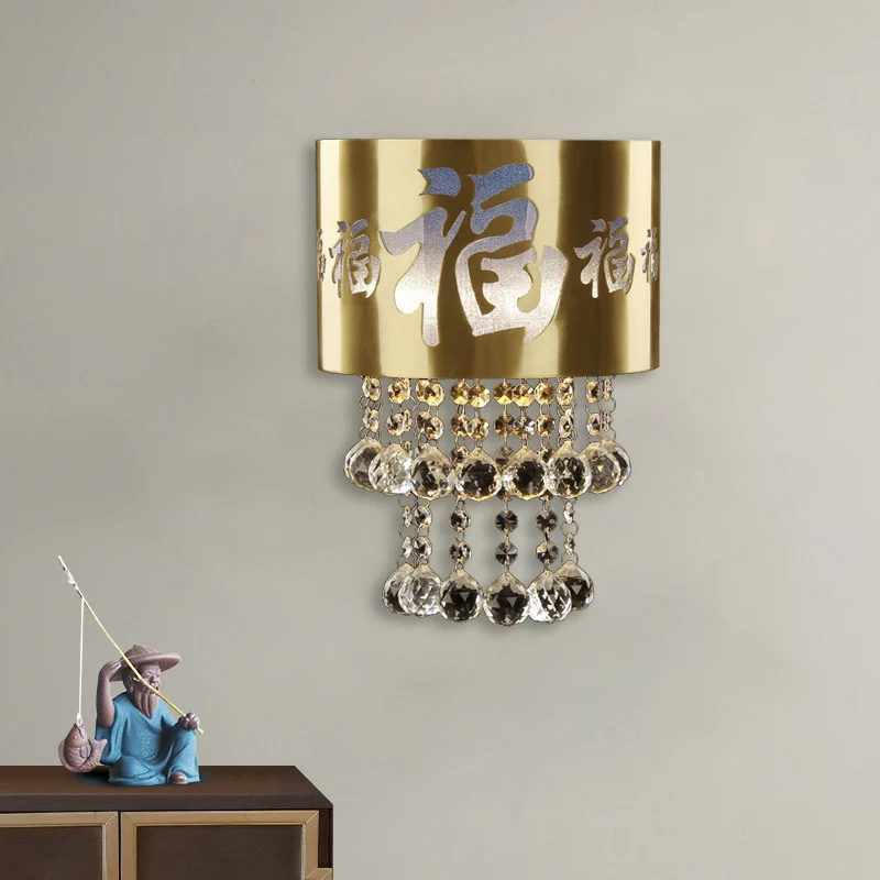 2-kops halfcilinder wandkandelaar traditionele messing kristallen kraal wandgemonteerde lamp voor slaapkamer Clearhalo