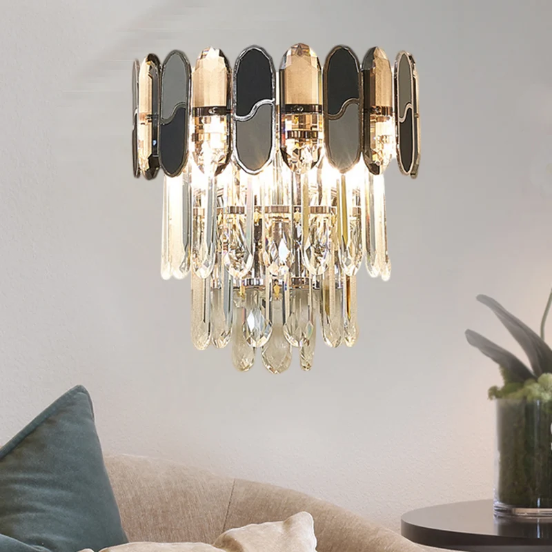 2-kops verzonken wandkandelaar, eigentijdse, taps toelopende wandlamp van helder kristal met zwarte en taupe ornamenten Cl...