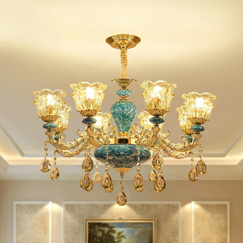 2-laags bloemenkroonluchter, vintage gouden afwerking, hangend plafondlicht van helder glas Clearhalo