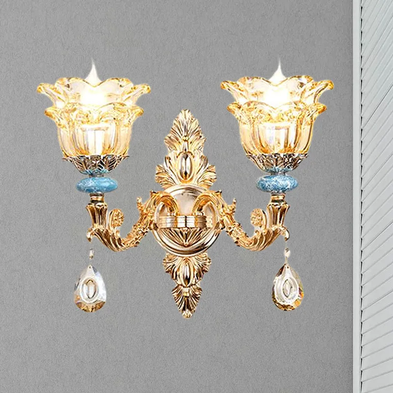 2-laags bloemkristallen wandlampenset Traditionele 1/2-lamp nachtkastverlichting goud Clearhalo
