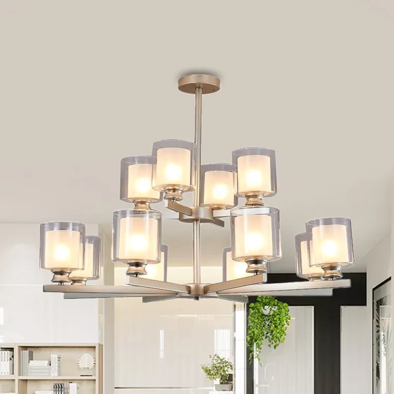 2-laags cilinderkroonluchter van wit glas met radiaal ontwerp modernistisch 12 lampen zwart/goud/zilver hangend lichtarmat...