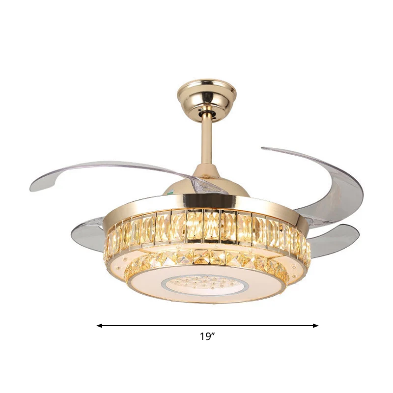 2-laags ronde kristallen hangende ventilatorlamp moderne 19-inch brede LED gouden semi-gemonteerde verlichting, 4 bladen C...