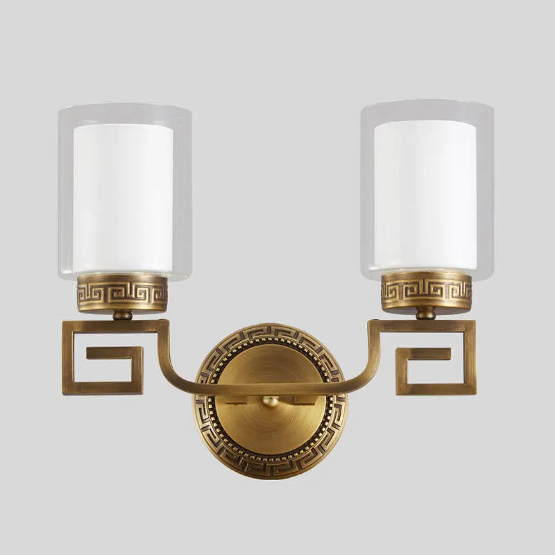 2-lichts cilinder schanslamp kolonialistisch goud helder en opaalglas wandgemonteerd lichtarmatuur Clearhalo