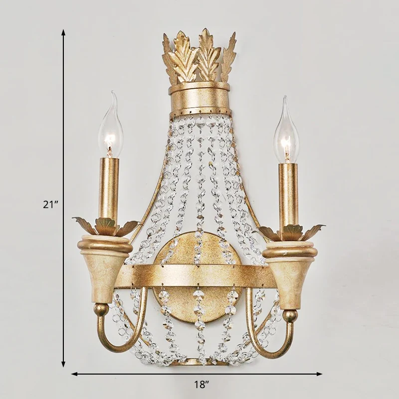 2-lichts Empire wandlamp Vintage stijl metalen wandlamp met heldere kristallen kraal champagneafwerking Clearhalo