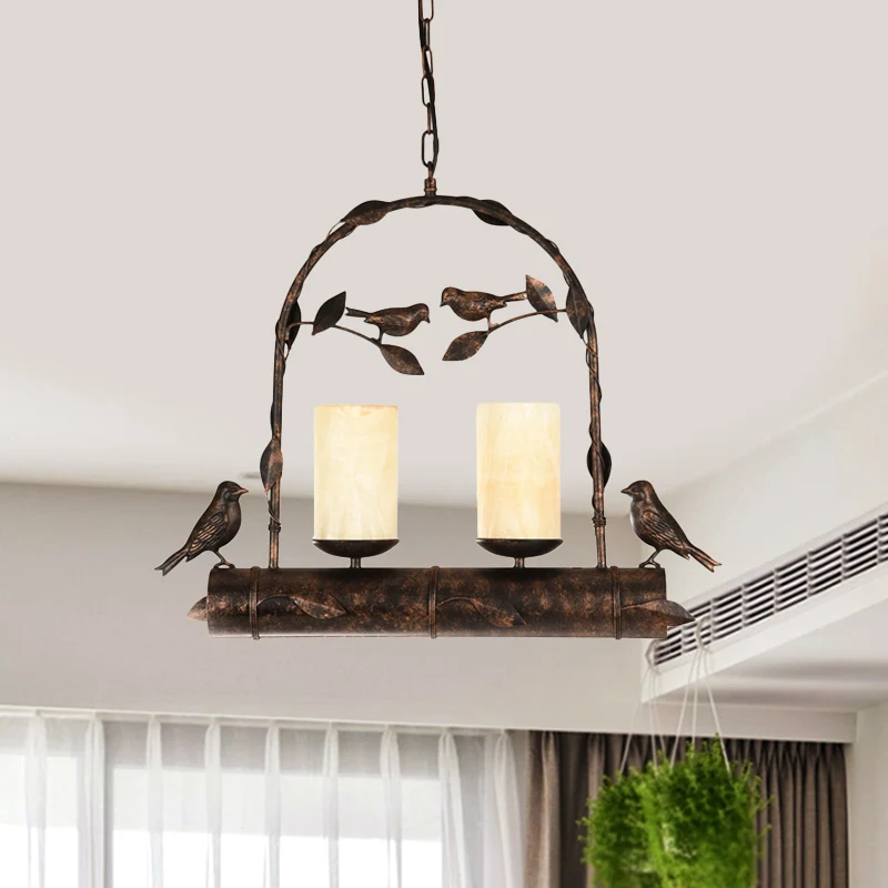 2-lichts hangende kroonluchter, vintage vogelkooi, metalen hanglampset met cilinderopaalglazen kap antiek zwart Clearhalo
