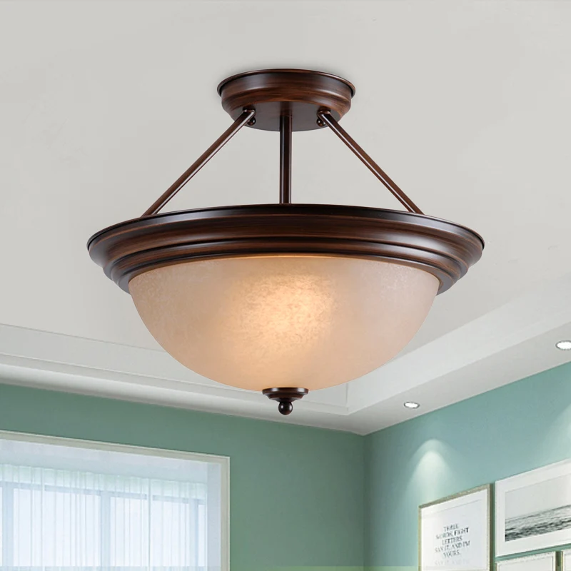 2-lichts semi-gemonteerde verlichting landelijke woonkamer dicht bij plafondlamp met witte/amberkleurige glazen kap Clearhalo