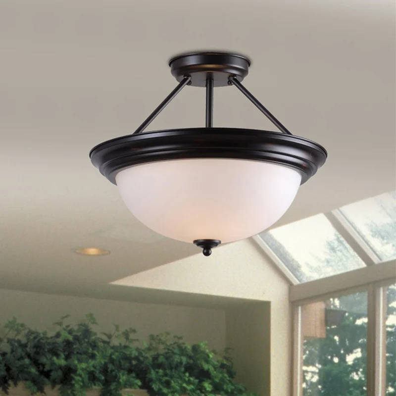 2-lichts semi-gemonteerde verlichting landelijke woonkamer dicht bij plafondlamp met witte/amberkleurige glazen kap Clearhalo