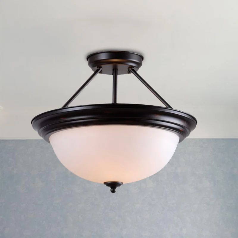 2-lichts semi-gemonteerde verlichting landelijke woonkamer dicht bij plafondlamp met witte/amberkleurige glazen kap Clearhalo