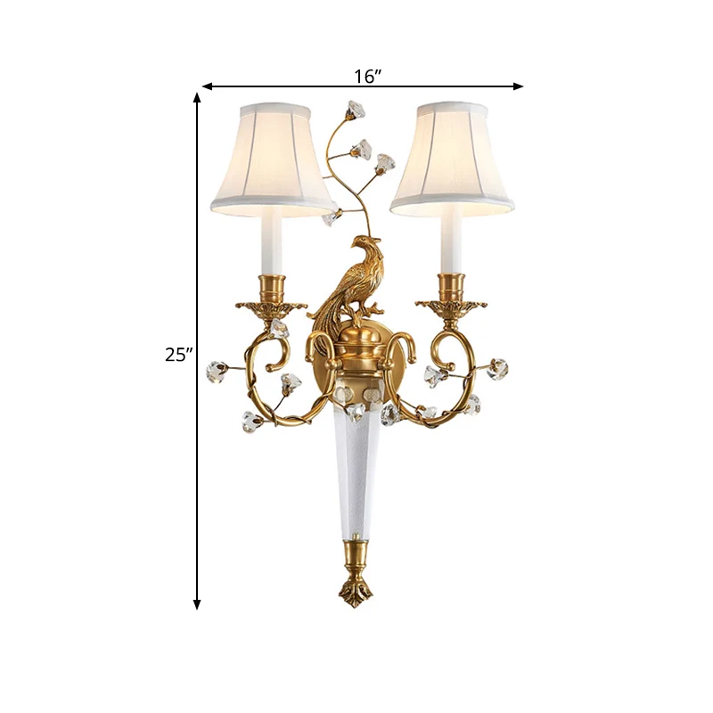 2-lichts taps toelopende wandlamp landelijk messing stoffen schans voor slaapkamer met gebogen arm Clearhalo