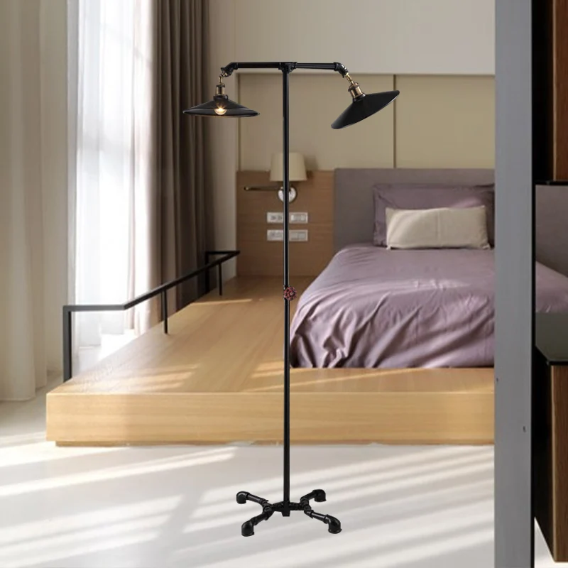 2-lichts uitlopende vloerlamp vintage industriële zwart metallic staande vloerlamp voor slaapkamer Clearhalo