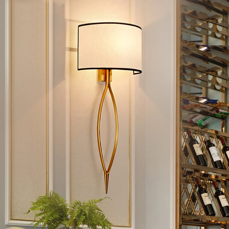 2-lichts wandlamp, eenvoudige woonkamerkandelaar met halfcilinder stoffen kap goud Clearhalo