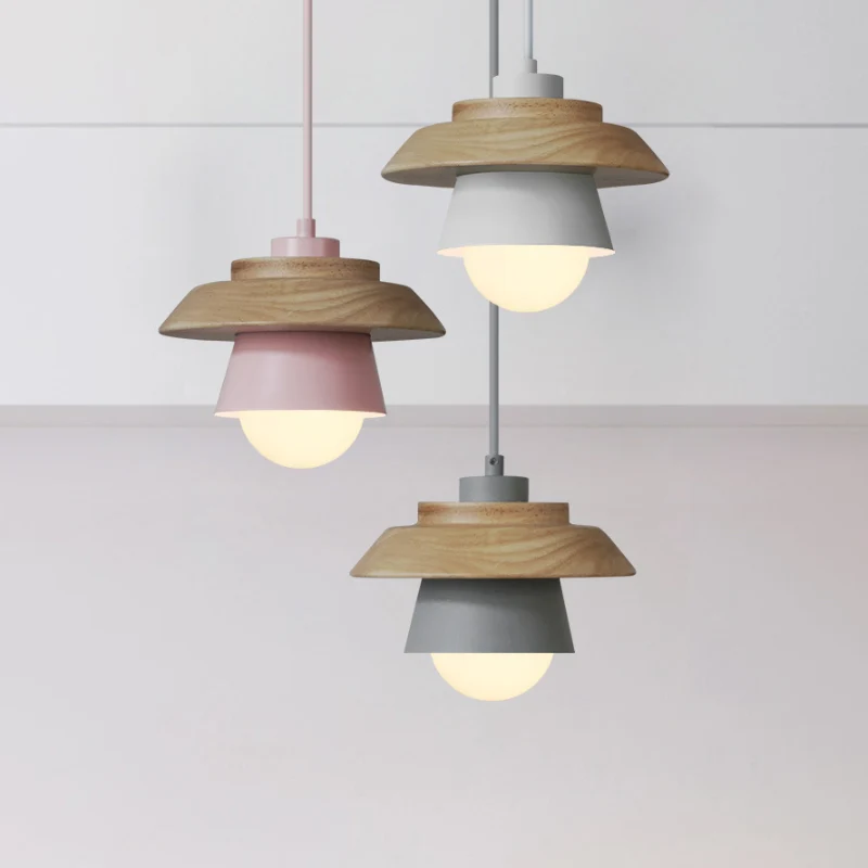 2-schermen ijzeren hanglamp Kit Macaron enkele roze/grijs/groene en houten hangende verlichtingsarmatuur Clearhalo