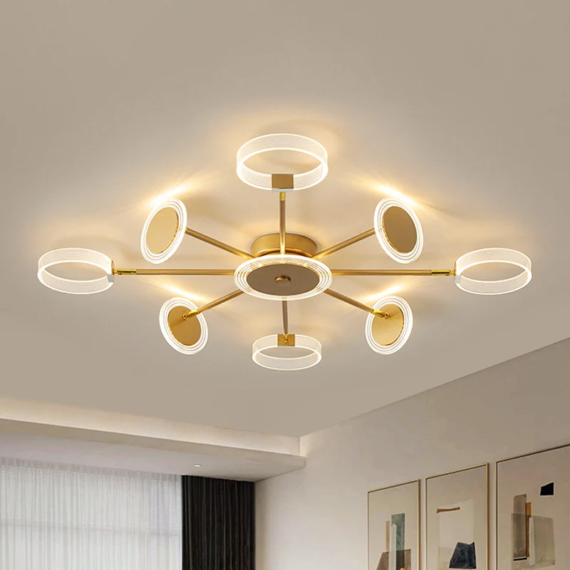 31,5"/39" W Modern Circle Semi Flush Acryl 7/9 Heads Woonkamer LED Plafondgemonteerd armatuur goud, warm/wit licht Clearhalo