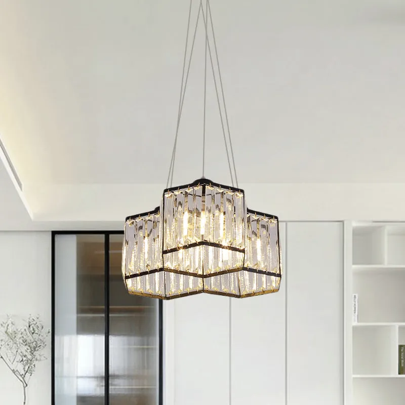 3/4-kops plafondkroonluchter, eenvoudige zeshoekige, heldere K9-kristallen hangende hanglamp zwart Clearhalo