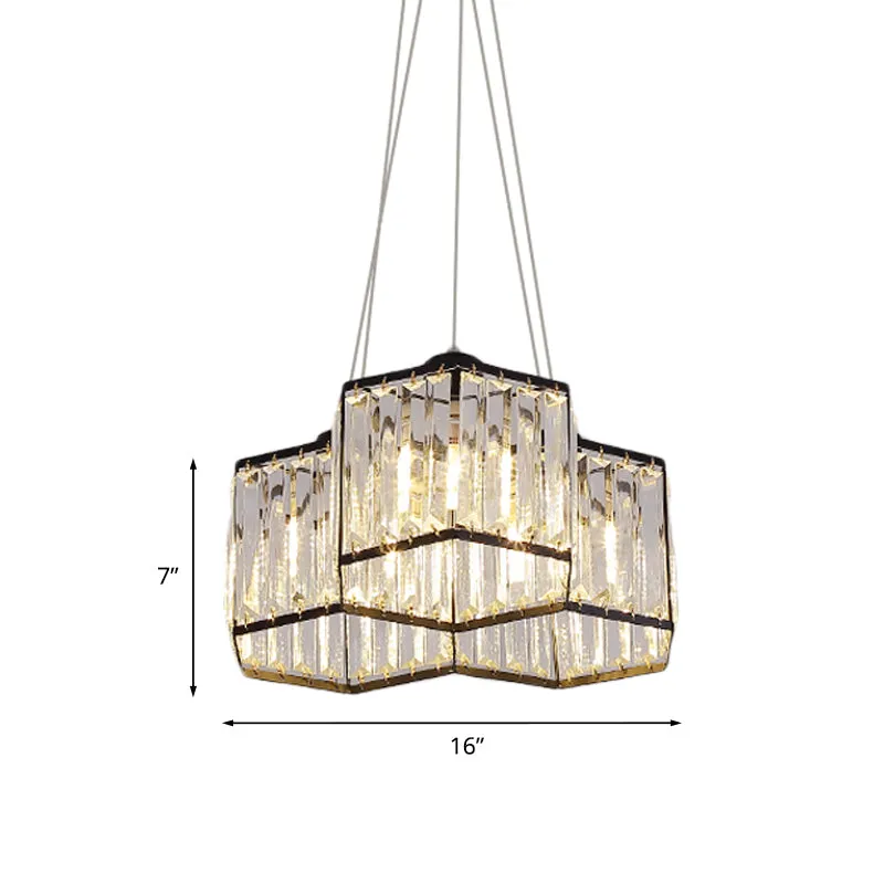 3/4-kops plafondkroonluchter, eenvoudige zeshoekige, heldere K9-kristallen hangende hanglamp zwart Clearhalo