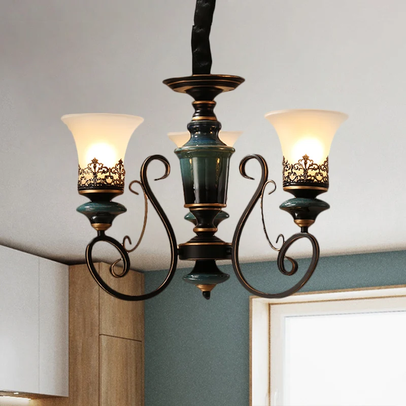 3/5/6-lamps kroonluchterlamp met belschaduw opaalglas landelijke gastenkamer ophanghanger zwart-goud Clearhalo