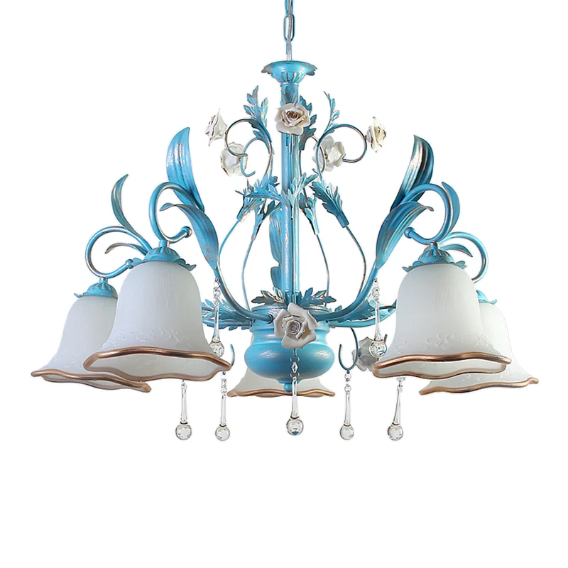 3/5/8-Bulb Up kroonluchter platteland slaapkamer hanglamp met bloem witte matglazen kap en kristallen decor blauw Clearhalo