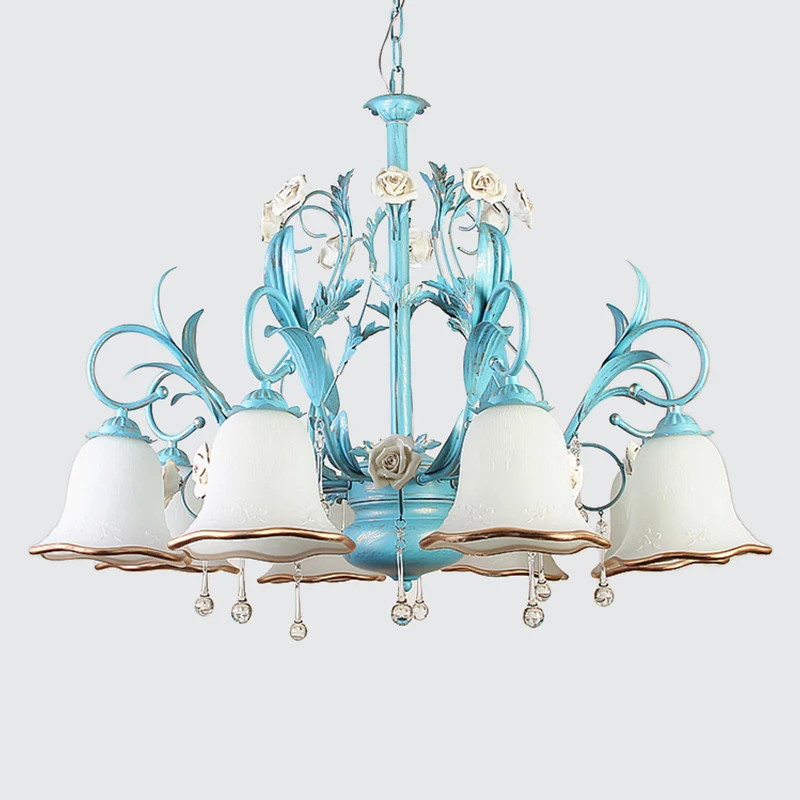 3/5/8-Bulb Up kroonluchter platteland slaapkamer hanglamp met bloem witte matglazen kap en kristallen decor blauw Clearhalo