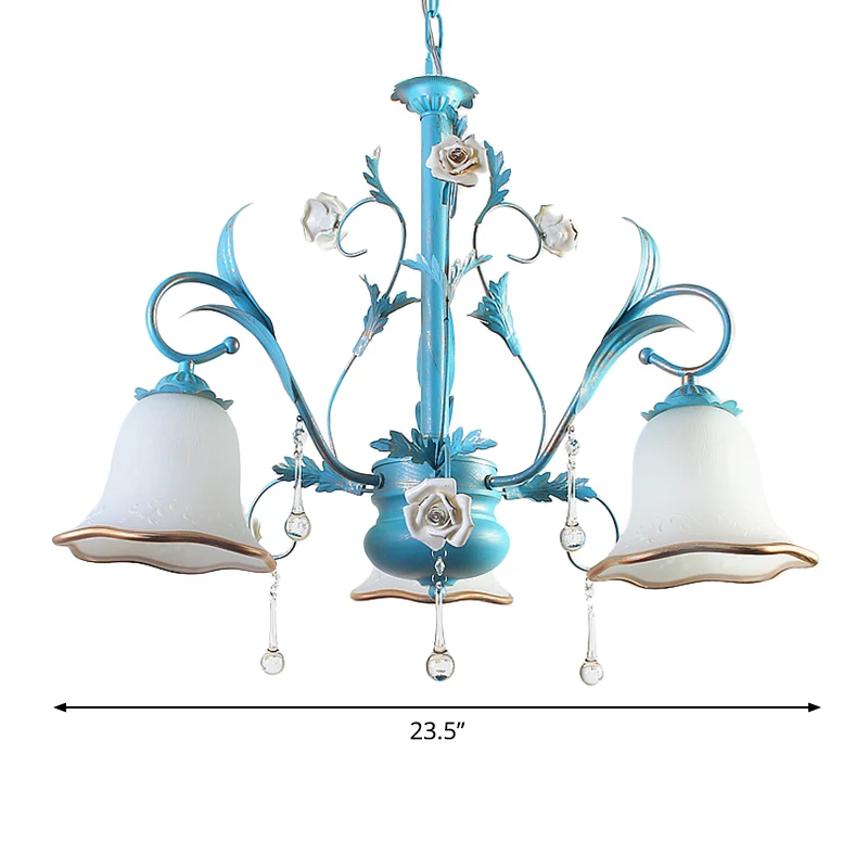 3/5/8-Bulb Up kroonluchter platteland slaapkamer hanglamp met bloem witte matglazen kap en kristallen decor blauw Clearhalo