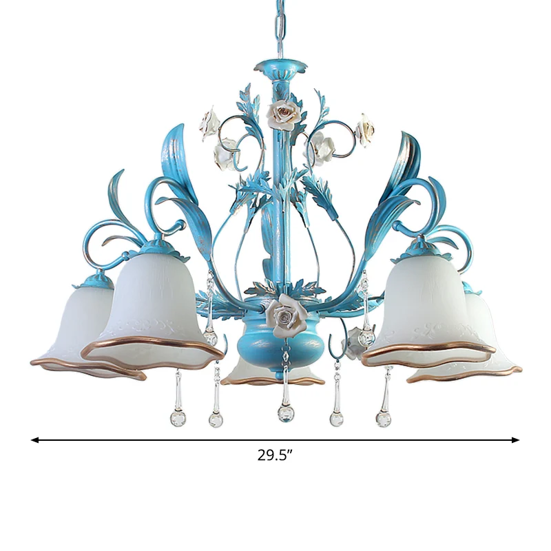 3/5/8-Bulb Up kroonluchter platteland slaapkamer hanglamp met bloem witte matglazen kap en kristallen decor blauw Clearhalo