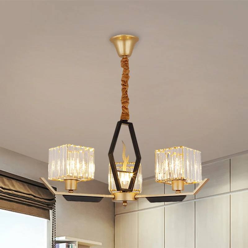 3/6/8 Hoofden Salon Plafondlamp Eenvoud Gouden Kroonluchter Lamp met Kubieke Kristallen Prisma Schaduw Clearhalo