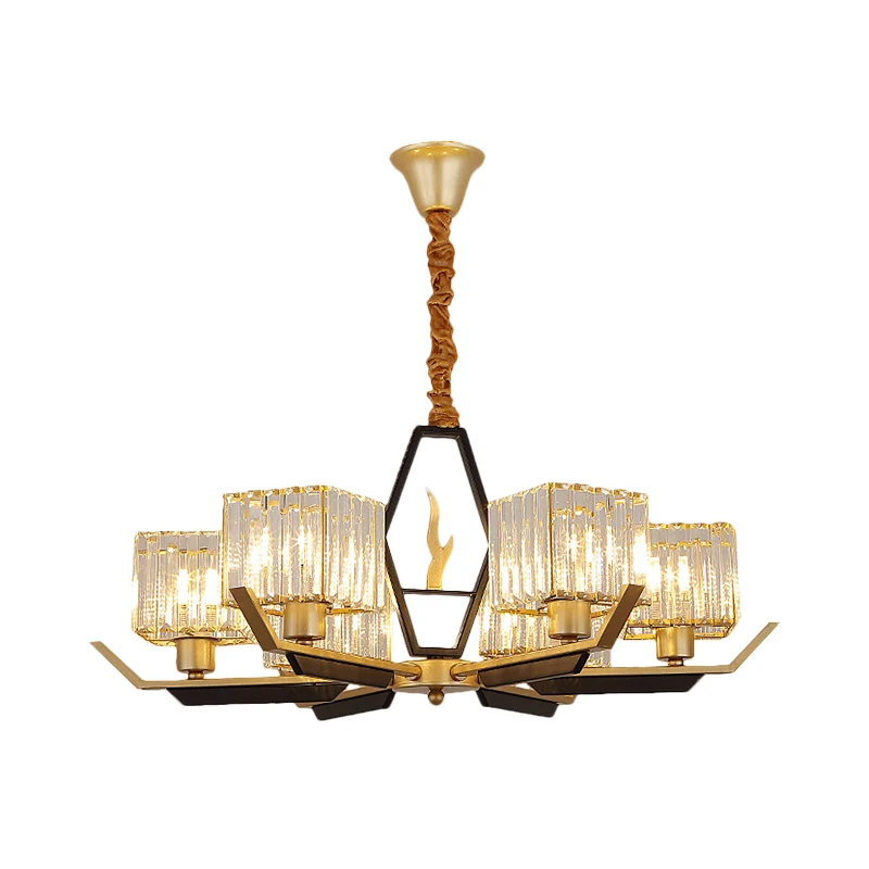 3/6/8 Hoofden Salon Plafondlamp Eenvoud Gouden Kroonluchter Lamp met Kubieke Kristallen Prisma Schaduw Clearhalo