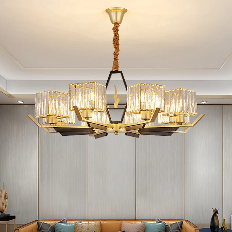 3/6/8 Hoofden Salon Plafondlamp Eenvoud Gouden Kroonluchter Lamp met Kubieke Kristallen Prisma Schaduw Clearhalo