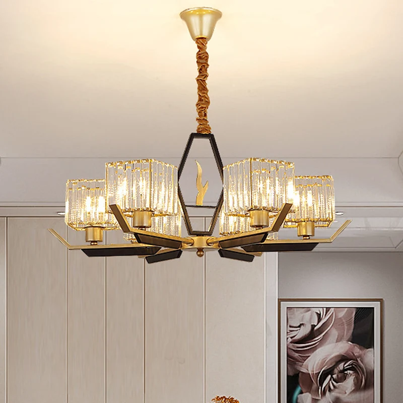 3/6/8 Hoofden Salon Plafondlamp Eenvoud Gouden Kroonluchter Lamp met Kubieke Kristallen Prisma Schaduw Clearhalo