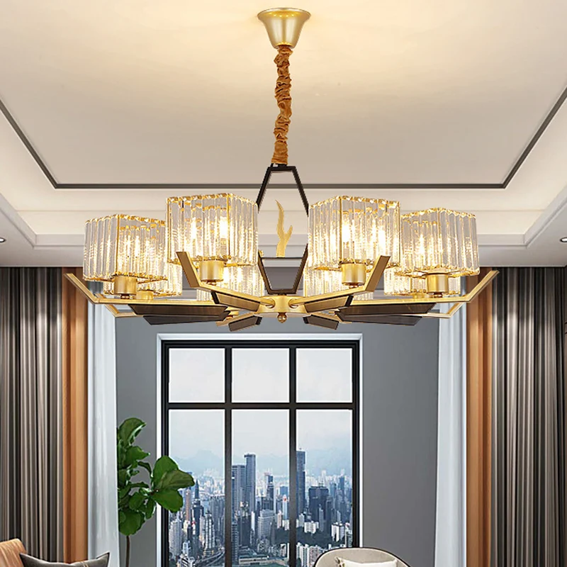 3/6/8 Hoofden Salon Plafondlamp Eenvoud Gouden Kroonluchter Lamp met Kubieke Kristallen Prisma Schaduw Clearhalo