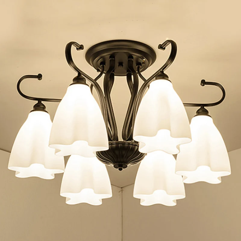 3/6/8 lichten wit glazen plafondlamp armatuur klassieke zwarte bloemvormige woonkamer semi-gemonteerde verlichting Clearhalo